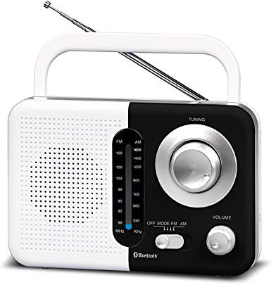 SOUNDZ Portable Radio with Bluetooth, White/Black - AC/DC Mains & Battery Operated Wireless Speaker with USB Port, SD Card Slot & Carry Handle