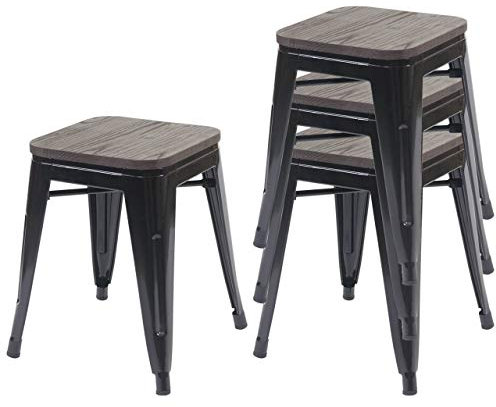 4er-Set Hocker HWC-A73 inkl. Holz-Sitzfläche, Metallhocker Sitzhocker, Metall Industriedesign stapelbar - schwarz