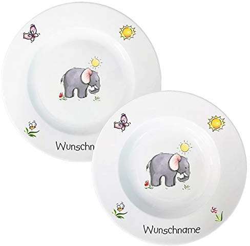 Kindergeschirr Speiseservice 2-tlg. Suppenteller und Speiseteller Kinder Service Set aus Porzellan personalisierbar mit Wunschname Name Kindergeschirr mit Namen personalisiert (Elefant)