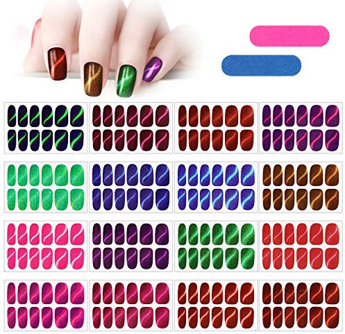 MWOOT 16 Sheets Full Wraps Nail Stickers,Self-Adhesive Nail Polish Stickers Strips S Pattern Cat Eye Glittery Nail Art Designs Kits with Nail File