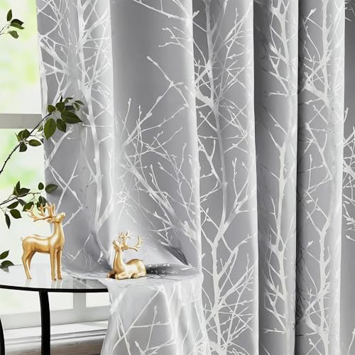 FMFUNCTEX 100% Verdunkelungsvorhänge für Schlafzimmer, 213 cm lang, silberfarbene Vorhänge auf grauem Baum für Wohnzimmer, Silberfolie, Raumverdunkelung, wärmeisolierter Zweigvorhang, 2 Paneele mit