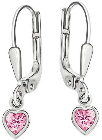 CLEVER SCHMUCK Silberne Mädchen Herz Ohrringe als Ohrhänger 22mm kleines Mini Zirkoniaherz 5mm pink rosa Zirkonia herzförmig umrandet 925 Sterling Silber für Kinder im Etui rosa