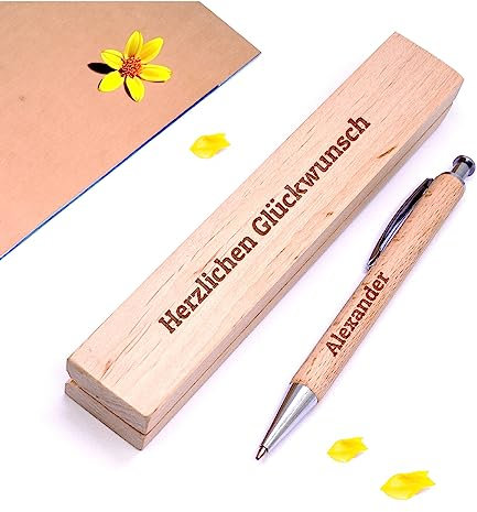 Diamandi Holz-Kugelschreiber mit Gravur inkl. Etui - Personalisiert mit Name oder Spruch - Holz Stift als Geschenk-Idee zur bestandenen Prüfung, Schulabschluss, Geburtstag