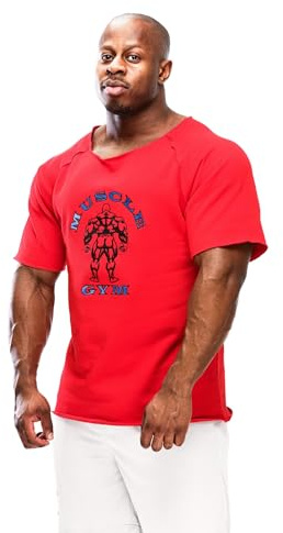 MUSCLE GYM Men's Bodybuilding Rag Top - Cotton Terry Gym Training Shirt, Lightweight, Loose Fit Workout Top for Weight Lifting, Fitness & Cardio (UK, Alpha, XL, Regular, Regular, MG RED)