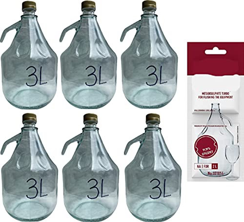 lilawelt24 6 x 3L Flasche mit Schraubverschluß + Schwefelpulver GLASBALLON Weinballon GÄRBALLON GLASFLASCHE Flasche Gallone Leere Glasflasche zum Befüllen