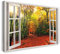 Printistico Bilder Fensterblick 100x70cm Baumwoll-Leinwand auf Keilrahmen mit Aufhänger moderner Kunstdruck XXL Wandbilder Wand-Dekoration Bunter Wald Herbst Sonne Weg Natur - Natur-Fotografie