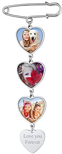 Custom4U Personalisierte Damen Brosche Anstecker mit Gravur Memorial Anhänger Brautstrauß Silber Ansteckblume Bräutigam Edelstahl 3X Fotoanhänger mit Bild DIY Broschen Clip Modeschmuck