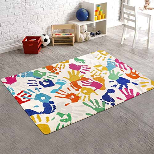STARUIA Handabdrücke und Fußabdrücke Kinderteppich für Spielzimmer, 91x152 cm, waschbar, farbenfroh, Kinderzimmerteppich für Jungen und Mädchenzimmer, Innenmatte für Klassenzimmer, Schlafzimmer
