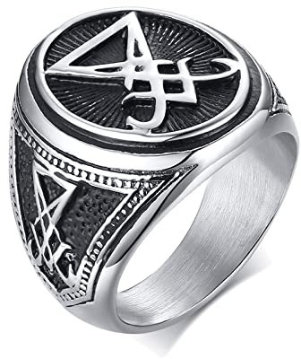 FLHEART Satanischer Siegelring Herren, Geschenke Edelstahl Siegel von Luzifer Symbol Punk Biker Ring für Mann Männer Kirche der Dämon Teufel Satan Ringe, Amulett Schmuck für Mann, Größe 64 (20.4)