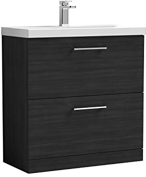 nuie ARN635D Arno Modern Bathroom Floor Standing 2 Drawer Vanity Unit with Thin-Edge Ceramic Basin, 800mm, Woodgrain Charcoal Black
