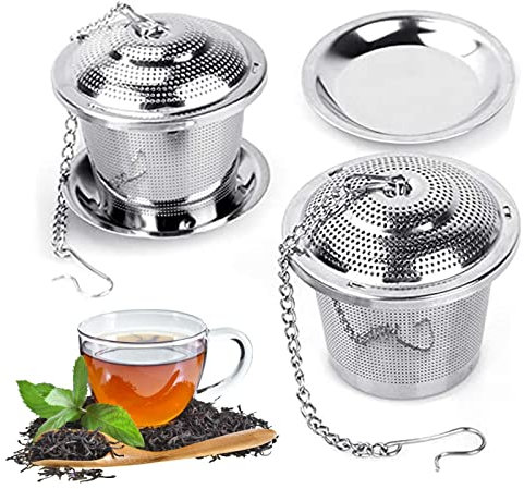 Teesieb 2 Stück Teesieb für Losen Tee 304 Rostfreiem Edelstahl Teefilter mit Deckel und Abtropfschale Teesieb mit Kettenhaken Tee Sieb für Teekannen Gewürzei