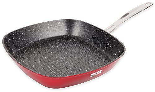 Quttin Sarten Asadora Antiadherente Aluminio con Revestimiento Resistente. Cacerola de Aluminio Forjado con Tapa de Cristal. Aptas para todo tipo de Cocinas. Modelo Majestic Granate 28 cm de Diametro