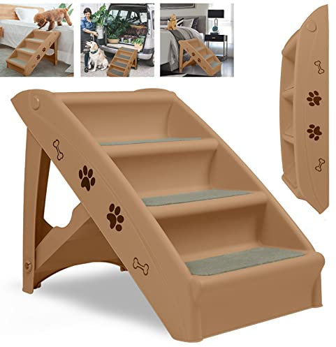 UISEBRT Scala per cani pieghevole a 4 gradini, scala per animali domestici, con tappetino antiscivolo e asta di supporto, per animali domestici fino a 75 kg, marrone