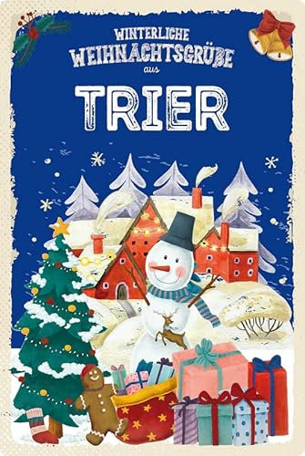 mrdeco Metall Schild 18x12cm gewölbt Weihnachtsgrüße aus TRIER Deko Blechschild Tin Sign