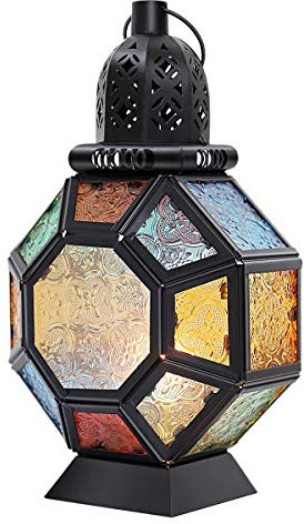 Baiyun Retro Iron Candle Lantern,Portable Moroccan Stained Glass Candle Holder Lamp Horse Light Wind Lantern,Home Decor