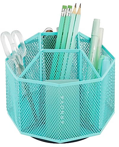 Annova Organiseur de bureau rotatif en maille avec 5 compartiments pour bonbons/stylos pour bureau, fournitures artistiques, rangement, salle de classe, maison (Turquoise)