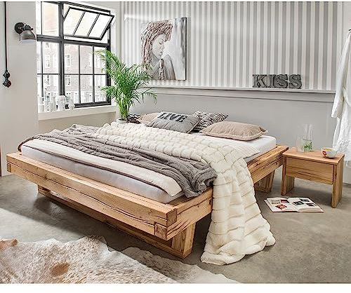 Lomadox Massivholz Doppelbett mit 2 Nachttischen, 200x200 cm, Eiche massiv, ohne Kopfteil, Massivholzkufen, B/H/T ca. 318/42/228 cm