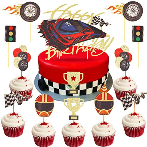Huaxintoys 13 Stück Rennwagen Tortendeko Geburtstag, Happy Birthday Tortendeko, Auto Kuchen Tortenaufleger, Rennwagen Kuchen Topper mit Checkered Racing Flagge Geburtstag Dekoration (B1)