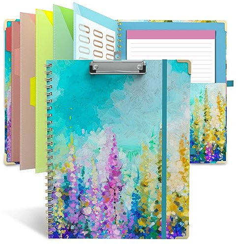 Spiral-Klemmbrett mit nachfüllbarem, abnehmbarem Notizblock für Briefgröße (27,9 x 21,6 cm), 5 Trennwände mit 10 Taschen, 72 Aktenordneretiketten, abnehmbarer Notizblock, elastischer Verschluss