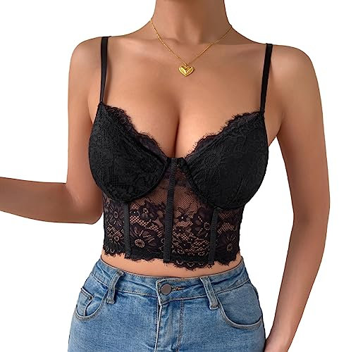 Rongseng Top da Donna in Pizzo Sexy con Spalline Sottili Incrociate Canotta Donna Estiva Crop Top Scollo a V Senza Pancia Regolabile Canottiera Casual Aderente Camisole