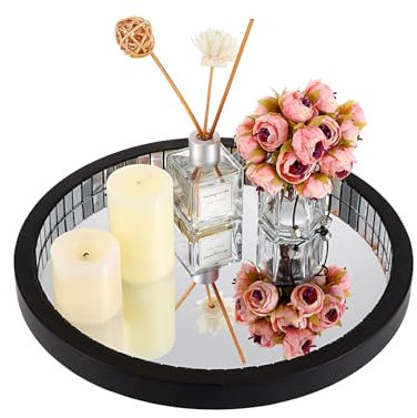 OLegei Vassoio di servizio in legno MDF e vetro mosaico vassoio decorativo specchio organizzatore da tavolo per camera da letto, cucina, ufficio (rotondo, 30 cm)