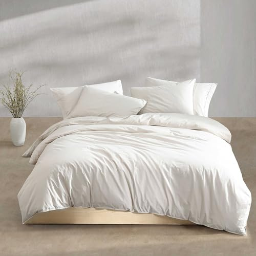 Calvin Klein Queen-Bettwäsche-Set, Moderne Baumwoll-Perkal-Bettwäsche mit passenden Kissenbezügen, gemütliche Heimdekoration, Öko-Tex-Zertifiziert (gewaschenes Perkal, Hellbeige, Queen-Size-Bett)