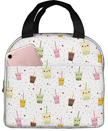 Aotximlat Isolierte Lunch-Tasche, wiederverwendbare Kühltasche, Lunch-Tragetasche, Happy Boba Bubble Tea, Thermo, auslaufsicher, Lunchhalter für Männer, Frauen, Kinder, Picknick, Arbeit, Schule