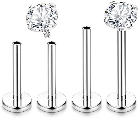 Adramata Titan Lippenpiercing Labret Piercing, Tragus Piercing Innengewinde Medusa Piercing CZ Ohrpiercing Schmuck G23 Titan Conch Helix Piercing 16G/18G Nasenpiercing für Damen Herren, 4Pcs,3