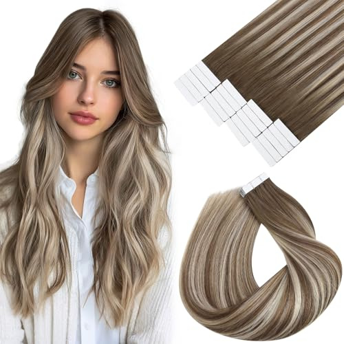 Vivien Invisible Tape Extensions Echthaar 35cm Ombre Braun bis Platinblond Haar Extensions Echthaar Tape Unsichtbar Balayage Braun 50g 20Pcs #6/60/6