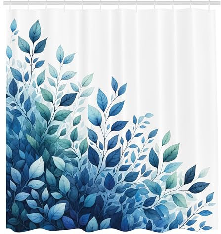 ABAKUHAUS Blau Duschvorhang, Blätter in diagonalen Wasserfarben Muster Naturtraum Motiv, Stoffliches Gewebe Badezimmerdekorationsset mit Haken, 175 x 200 cm, Teal Blau Weiß
