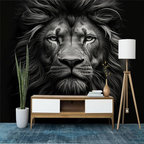 Wandtapete Schwarz Fototapete 250 x 175 cm (B x H), Löwe mit Tiermotiv Tapete Bild Dekoration Wand-Dekor, Tapete Panorama Poster Für Mädchen, Jungs Schlafzimmer Wohnzimmer