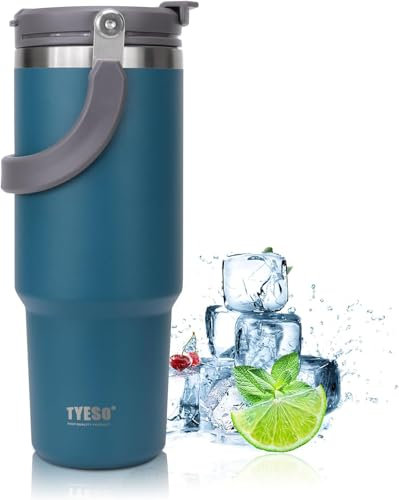 TYESO 30oz Tumbler with Handle and Straw Lid, Insulated Stainless Steel Double Walled Vacuum Water Bottle for Office, Home, Sport or Car, Travel Mug for Hot and Cold | Adventure Collection (Blue)