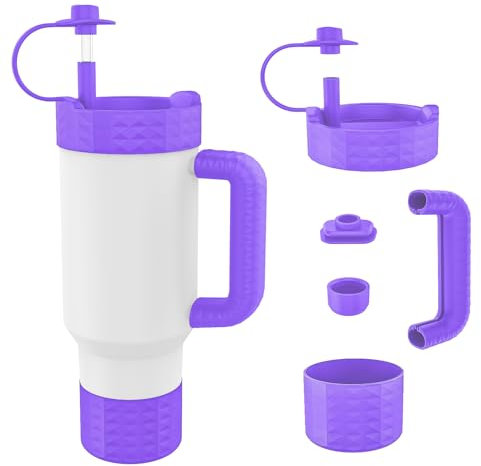 5 Pcs Accessories Set for Stanley Cup, Silicone Resin Cup Protector Set for Stanley Cup 40oz, Silicone Spill Proof Stopper, Silicone Boot, Not Including Cup (Purple)