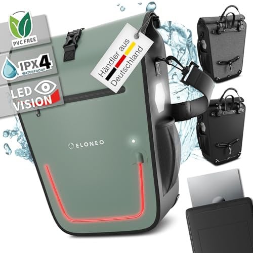 ELONEO Fahrradtasche für Gepäckträger mit LED Licht und Laptopfach, 25L - 100% wasserdicht mit Tragegriff und Schultergurt, Fahrradtasche Gepäckträger, Fahrrad Gepäckträgertasche, mintgrün