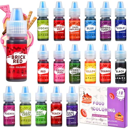 GOLDGE Lebensmittelfarben 18 Farben, Lebensmittelfarbe Flüssige Set für Backen von Kuchen, Macarons, Glasur, Schokoladenglasur, Keksen, Kringeln, DIY Slime, Seifen, Backzubehör(6 ml × 18)