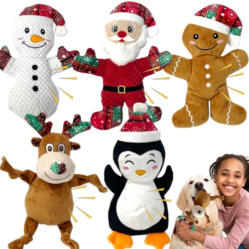 5 Pieces Christmas Squeaky Interactive Dog Toys with Crinkle, Plush Dog Chew Toys, Dog Toy to Keep Them Busy for Small Medium Large Dogs -Santa/Penguin/Snowman/Gingerbread man/Deer