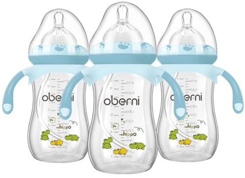 Oberni Babyflaschen Mit weighted Strohhalm, Babyflasche Anti Kolik für Neugeborene Ab 12 Monate, 270ml Milchflasche mit Silikon Sauger Größe 4, Griffs, Blau, 3 Stück