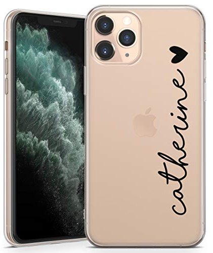 TULLUN Personalised Phone Case for iPhone 16 Pro - Clear Soft Gel TPU Custom Cover Vertical Colour Name & Heart Design Individual Style Initials Text - Black