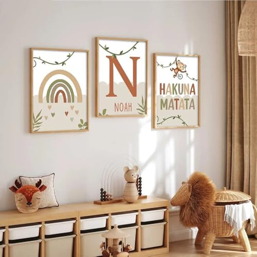 Youihom 3 Poster Kinderzimmer Baby Regenbogen Hakuna Matata Prenom Wanddekoration Boho Poster Baby Geschenk Babyzimmer Jungen Leinwand 30 x 40 cm