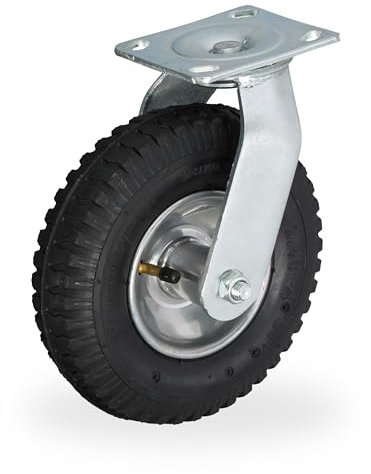 Relaxdays Lenkrolle, luftbereift, 2.50-4, Schwerlast-Transportrolle, Platte zum Anschrauben, bis 120 kg, schwarz/silber