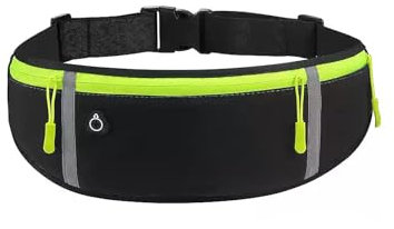 FuninCrea Laufgürtel mit Trinkflasche und Verstellbarer Elastischer Riemen, 3 Reißverschlusstaschen Bauchtasche Ultra Schlank Hüfttasche mit Kopfhörerloch und Reflektorstreifen (Schwarz)