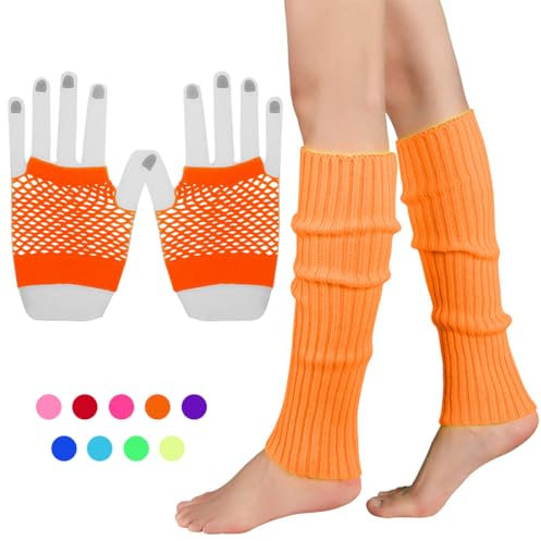 INGJIA Fischnetz Handschuhe,Elastische Neon Beinstulpen und Netzhandschuhe Set 80er Jahre Kostüm Zubehör(Rot 1)