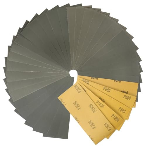 STEBRUAM Lot de 30 Pièces Papier Abrasif,9x3,6 pouces, grain 400/600/800/1000/2000, grain pour voitures, meubles en bois, pierre, peinture, métal, verre