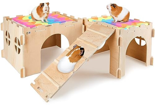 BeBeJoJo Casita de Madera para Cobayas, Casa Refugio para Pequeños Animales con Rampa y Varias Puertas
