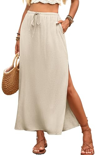 ELLEVEN Linen Maxi Long Flowy Straight Skirt with Slit for Women Summer Trendy Elastic High Waisted Ankle Length Casual Beach Vocation Low Rise Sexy Boho Midi Skirts with Pockets Beige Medium