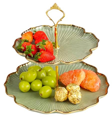 Plateau À Gâteaux en Verre 2/3 Étages, Service De Table Élégant, Présentoir Pratique for Desserts Et Amuse-Bouches, Facile À Assembler(Green,2-Storey)