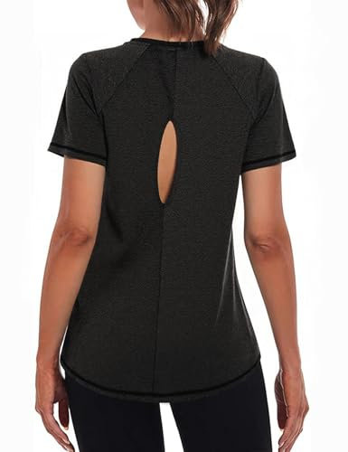 Gyabnw Gym Tops for Women UK Hollow Back Crew Neck Loose Fit Yoga Running Top Lightweight Moisture Wicking Short Sleeve for Ladies Black
