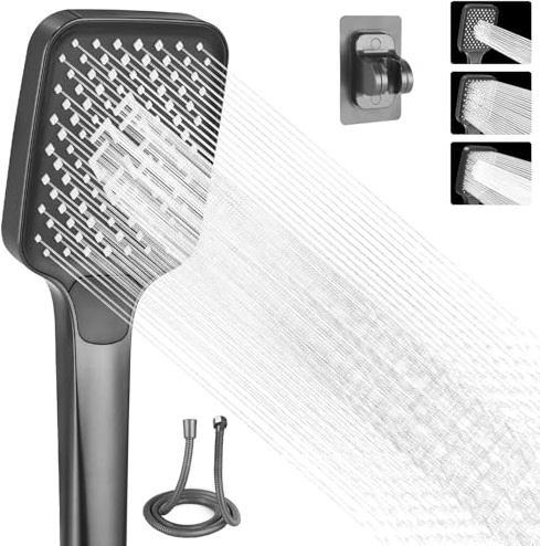 Alcachofa Ducha con Manguera, 4 Modos de Chorro, 105 mm Alcachofa de Ducha Grande, con Base, Cabezal Ducha Alta Presion (Gris)