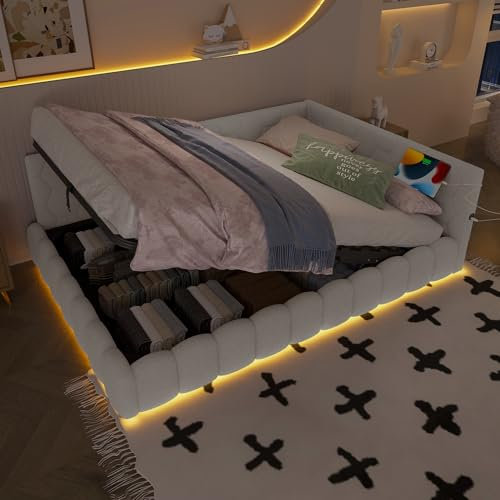 Polsterbett Schlafsofa 140x200, Doppelbett mit Hydraulischem Stauraum, mit LED-Licht und USB-Ladefunktion, Tagesbett bett mit Lattenrost, Komfortmaterial, Vliesimitat (Weiß mit Lagerung, 140x200CM)