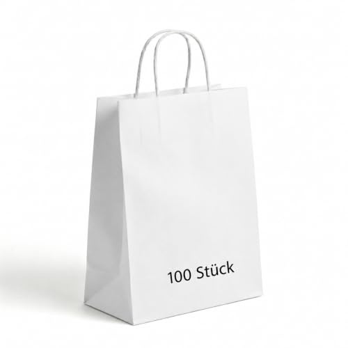 Commerline 100 Stück Weiß Papiertüten mit Henkel, 32+12x41 cm Kraftpapier Tüten mit Kordelgriff, Papiertragetaschen für Einkaufen und Verpackung, Geschenktüten Kindergeburtstag, Partys, DIY